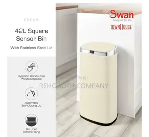 Swan Townhouse Square Sensor Bin, Large 42l Capacity, Cream