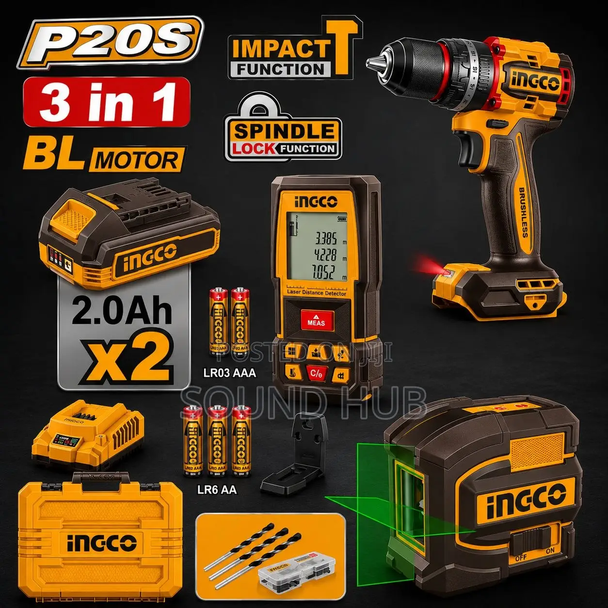 Ingco Cordless Drill 20v 76nm + 2 Batteries + Laser Level 35m