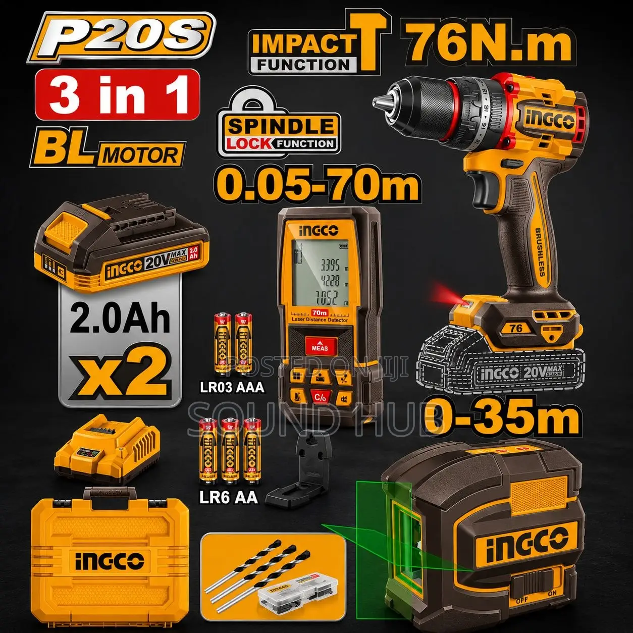 Ingco Cordless Drill 20v 76nm + 2 Batteries + Laser Level 35m