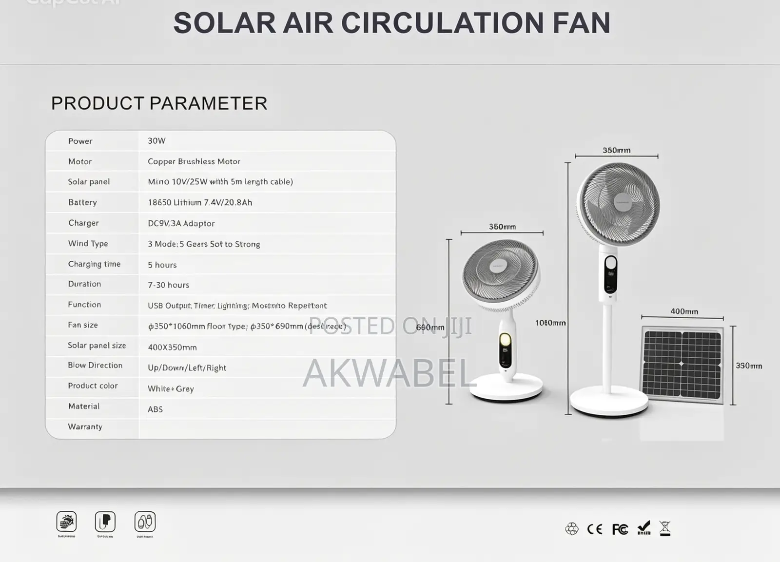 30w Rechargeable Solar 5-Speed Circulation Fan | Floor Desk Fan