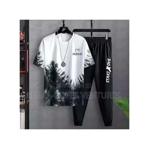 Dou-Color Men's 2-in-1 Short Sleeved T-Shirt and Pants Set - Black