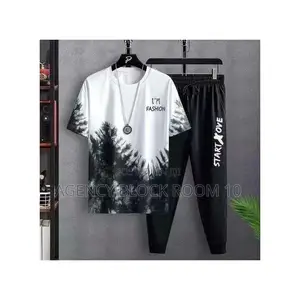 Dou-Color Men's 2-in-1 Short Sleeved T-Shirt and Pants Set - Black