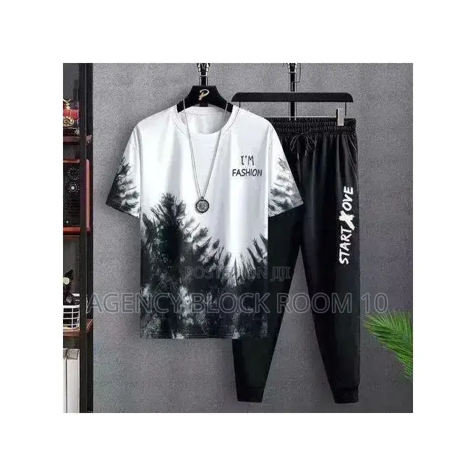 Dou-Color Men's 2-in-1 Short Sleeved T-Shirt and Pants Set - Black