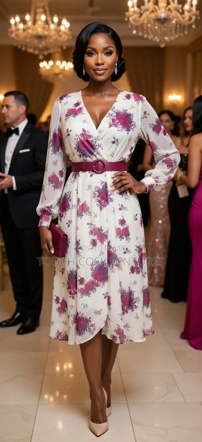Burgundy Bloom Wrap Midi Dress (L, Xl, 2xl)