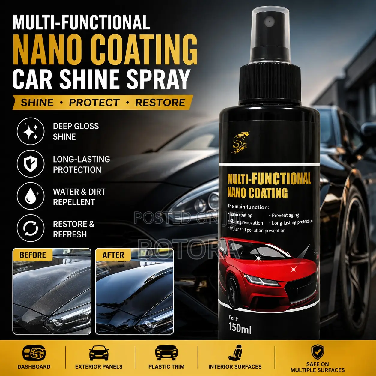 Multi-Functional Nano Coating Car Shine Spray 150ml -Gloss Finish