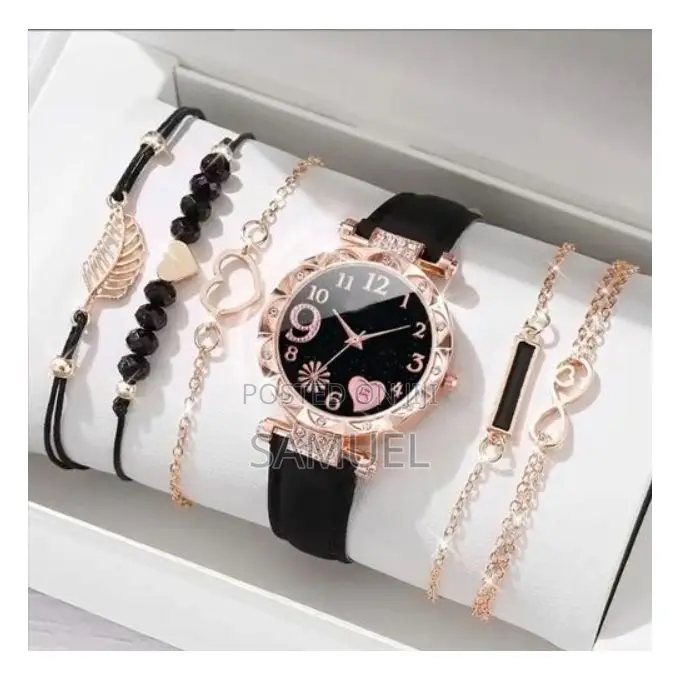 Ladies Diamond Dialt Belt Quartz Watch Beaded Bracelet Set 133111