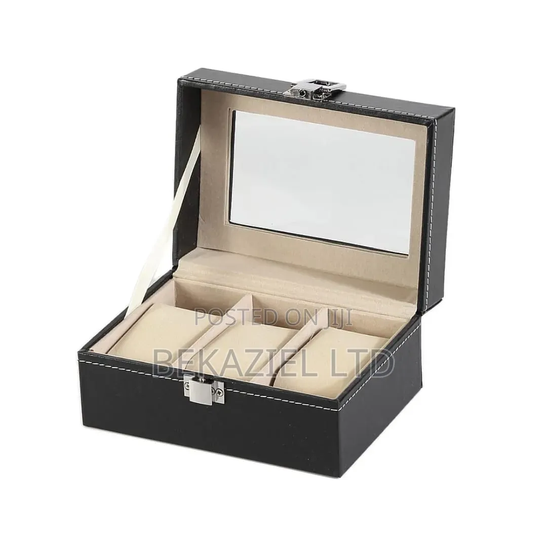 Portable Black 3 Slot Pu Leather Watch Protection Case With Glass Lid