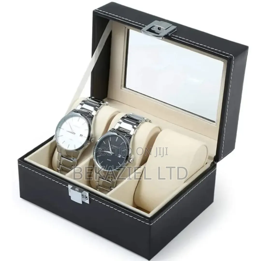 Portable Black 3 Slot Pu Leather Watch Protection Case With Glass Lid