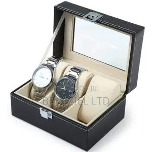 Portable Black 3 Slot Pu Leather Watch Protection Case With Glass Lid