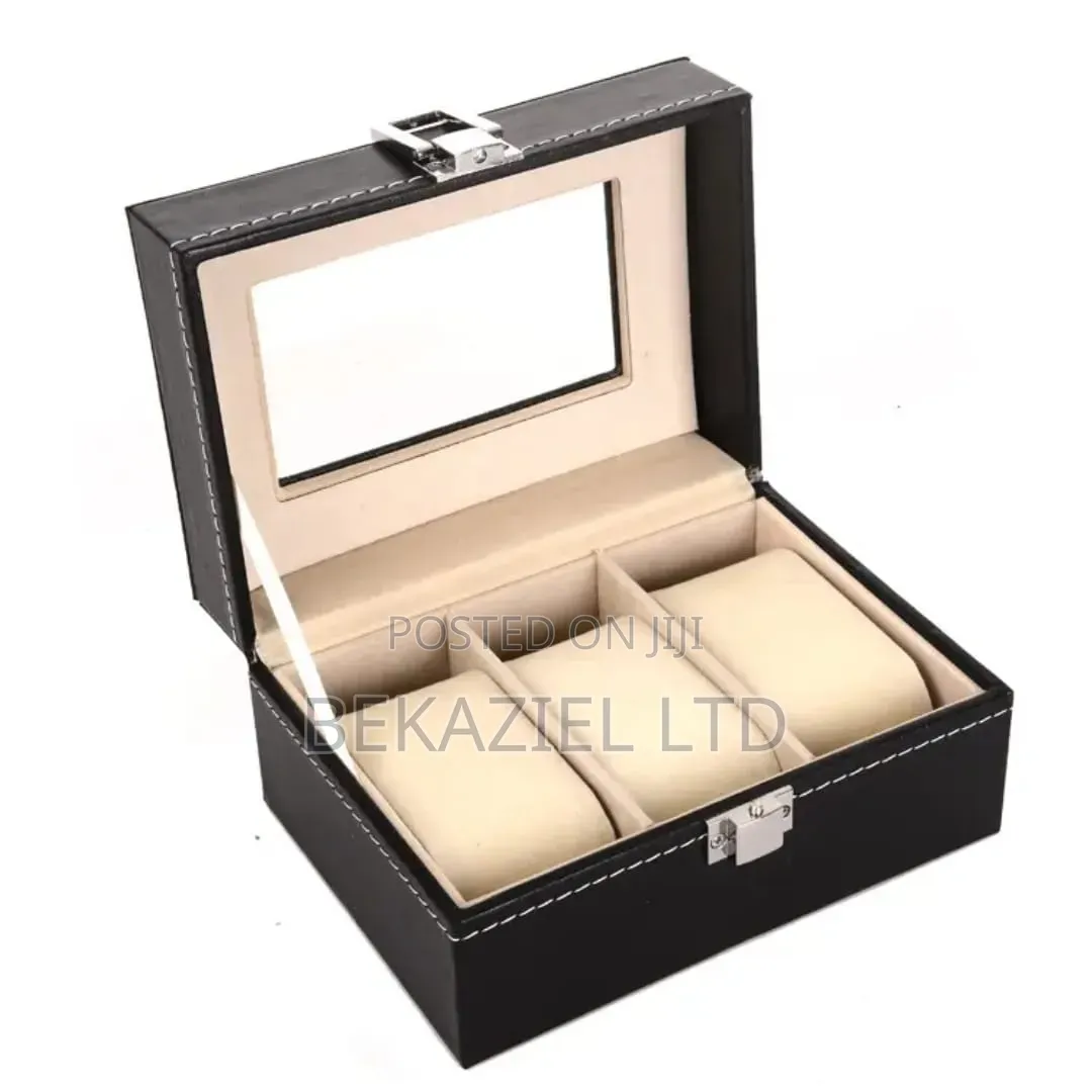Portable Black 3 Slot Pu Leather Watch Protection Case With Glass Lid