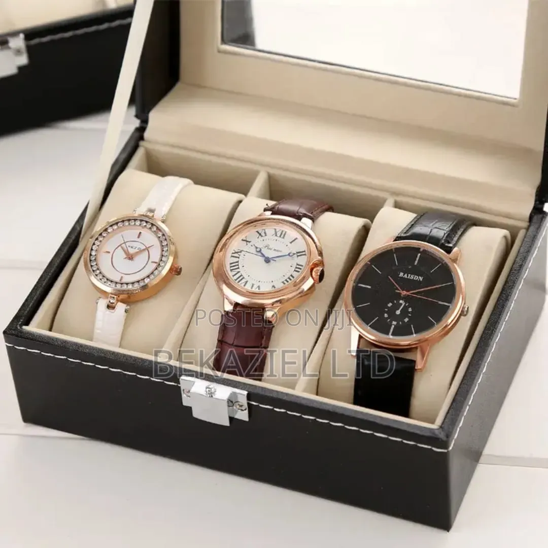 Portable Black 3 Slot Pu Leather Watch Protection Case With Glass Lid