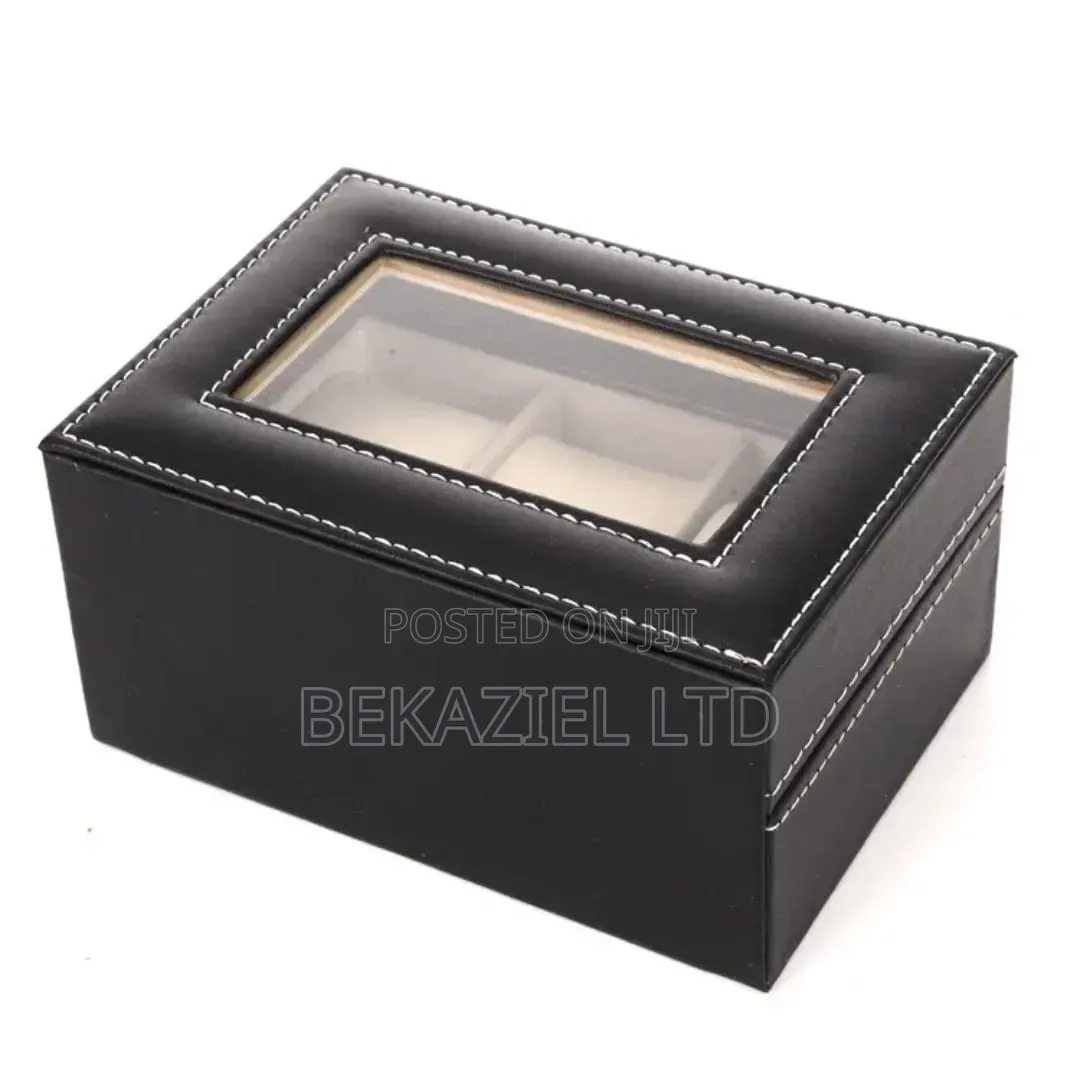 Portable Black 3 Slot Pu Leather Watch Protection Case With Glass Lid