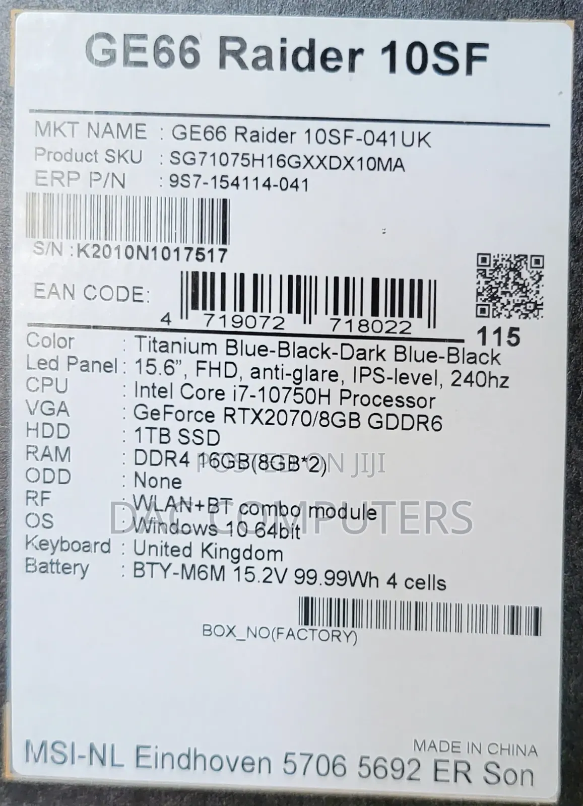 New Laptop MSI GE66 Raider 16GB Intel Core i7 SSD 1T