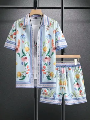 Vintage Printed Short-Sleeve Shirt and Drawstring Shorts