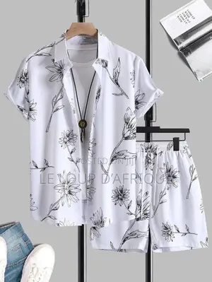 Vintage Printed Short-Sleeve Shirt and Drawstring Shorts