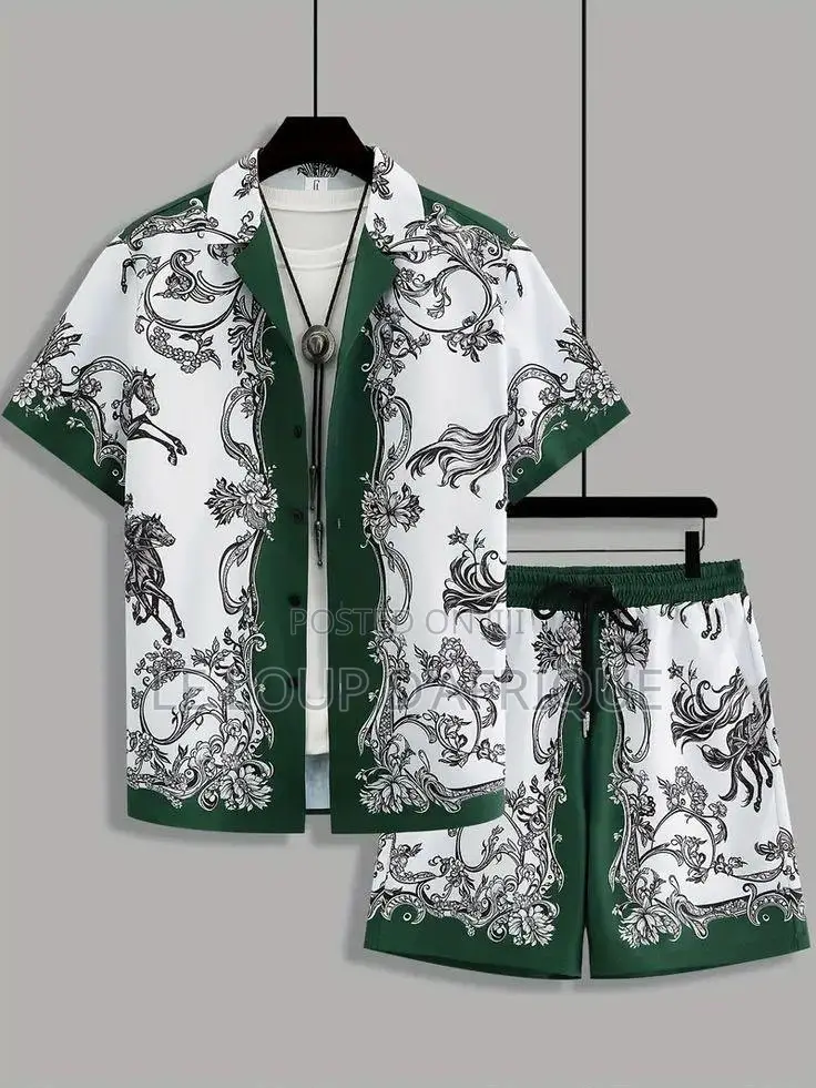 Vintage Printed Short-Sleeve Shirt and Drawstring Shorts