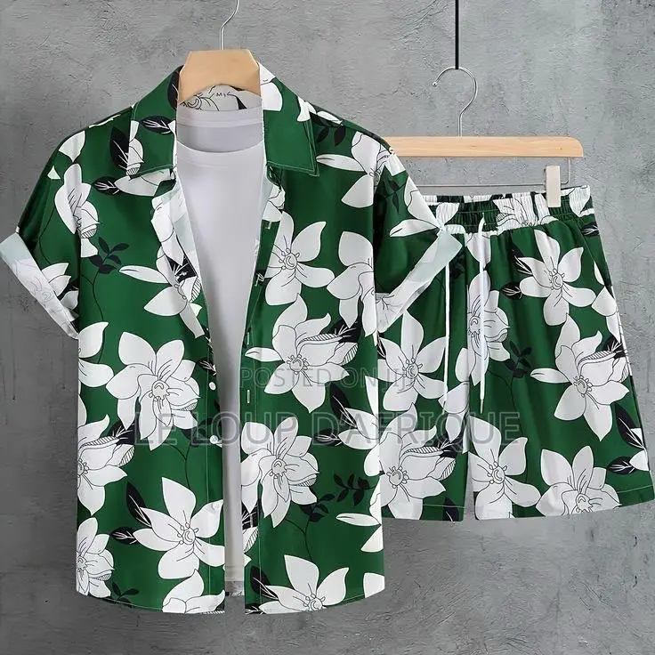 Vintage Printed Short-Sleeve Shirt and Drawstring Shorts