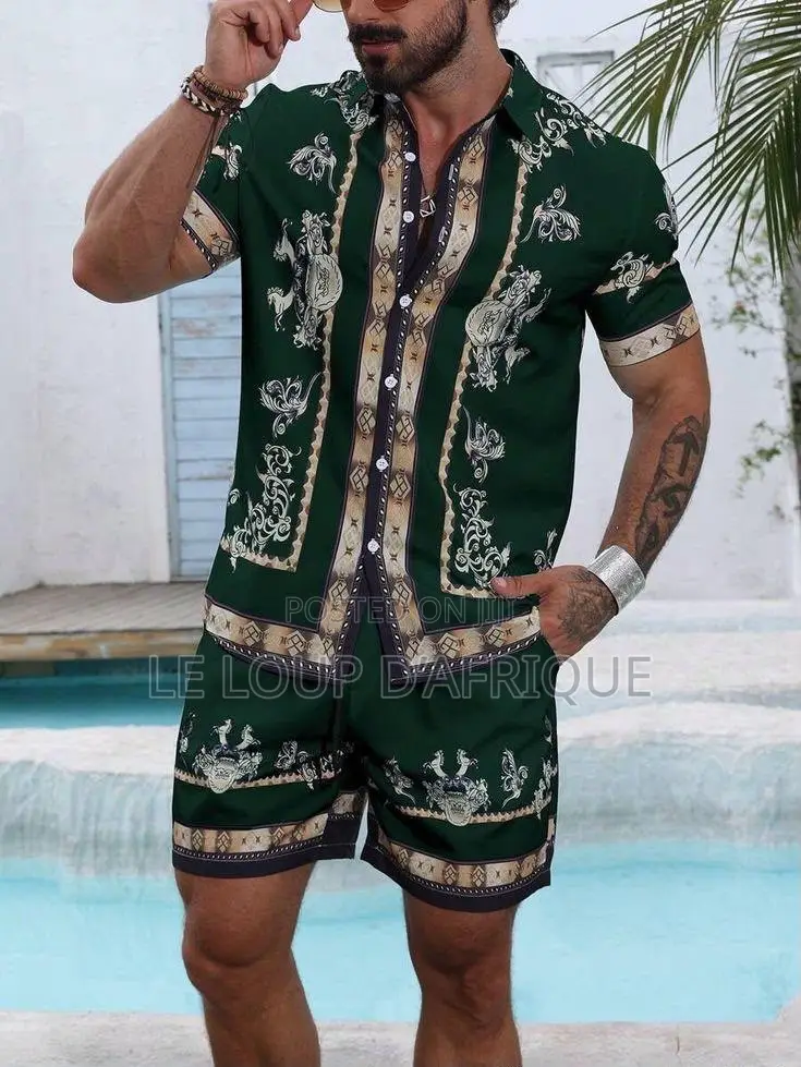 Vintage Printed Short-Sleeve Shirt and Drawstring Shorts