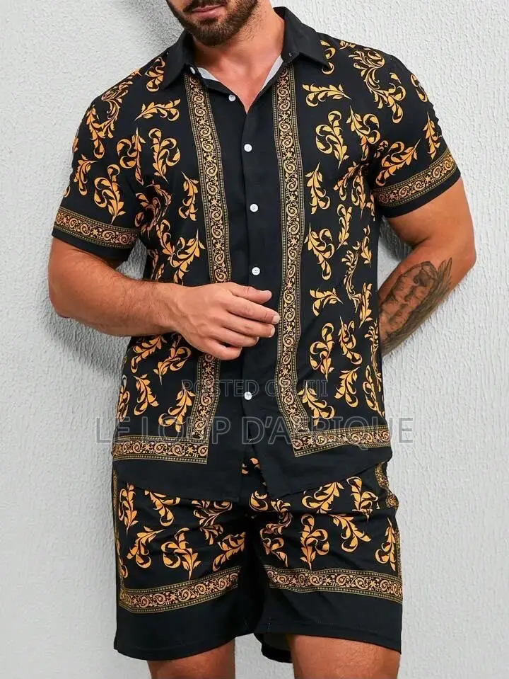 Vintage Printed Short-Sleeve Shirt and Drawstring Shorts