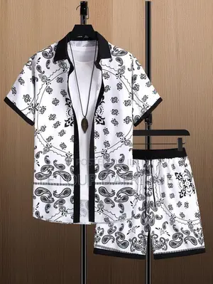Vintage Printed Short-Sleeve Shirt and Drawstring Shorts