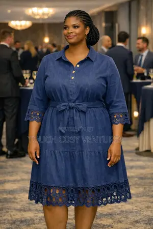 Chic Blue Denim Lace Trim Midi Dress( L,Xl,2xl/Uk Size 12,14,16)