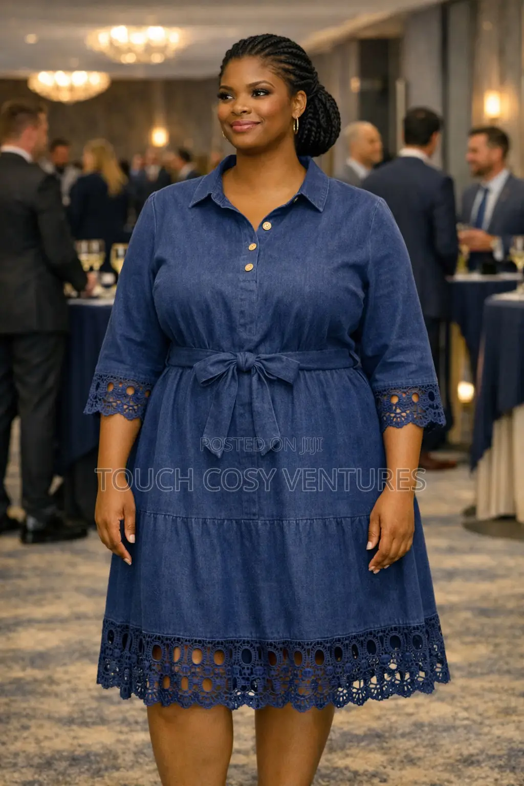 Chic Blue Denim Lace Trim Midi Dress( L,Xl,2xl/Uk Size 12,14,16)