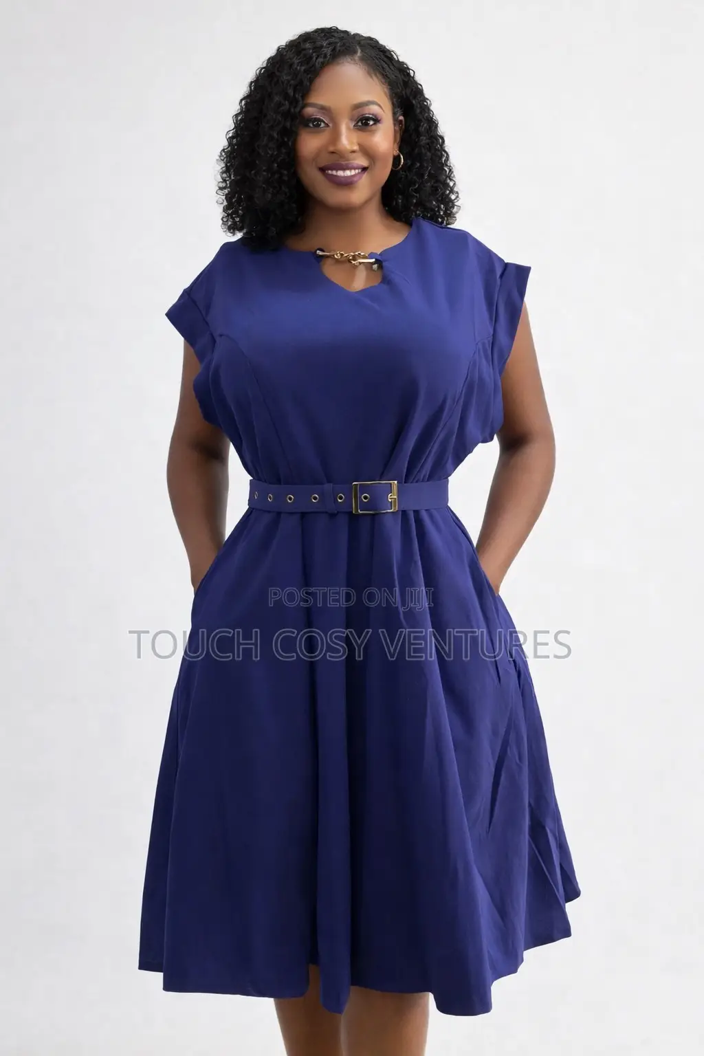 Elegant Navy Blue Belted Midi Dress