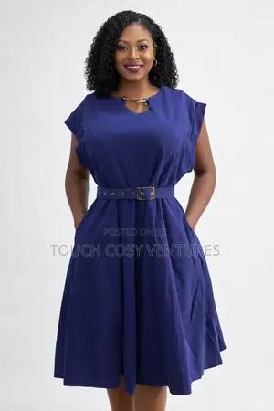 Elegant Navy Blue Belted Midi Dress