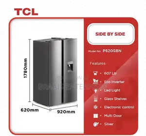 Tcl Fridge Side By Side 607 Ltr Water Dispenser Silver