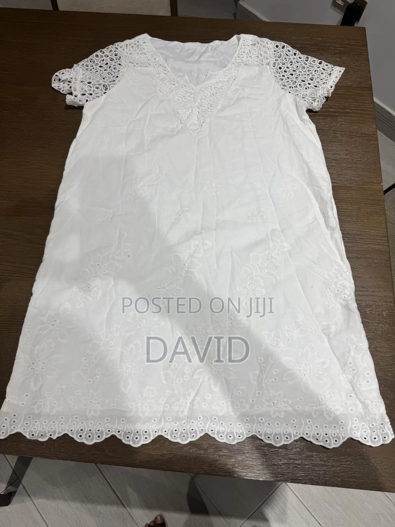 White Cotton Lace Short Sleeve Mini Dress With Floral Embroidery