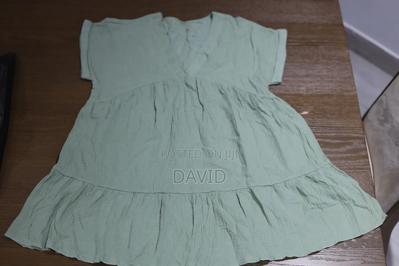 Sage Green Tiered Ruffle Short Sleeve v-Neck Mini Dress