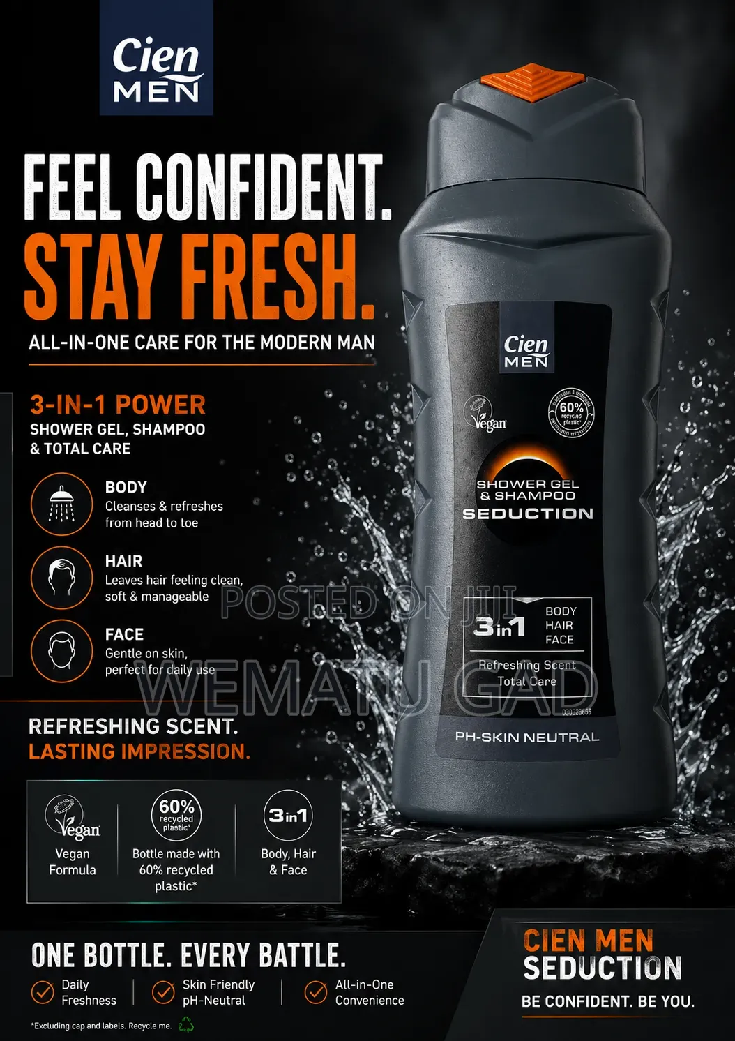 Cien Men Shower Gel and Shampoo (Seduction)