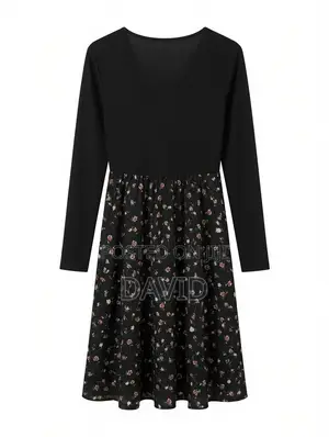 Black Long Sleeve Ribbed v-Neck Fit Flare Floral Midi Dress