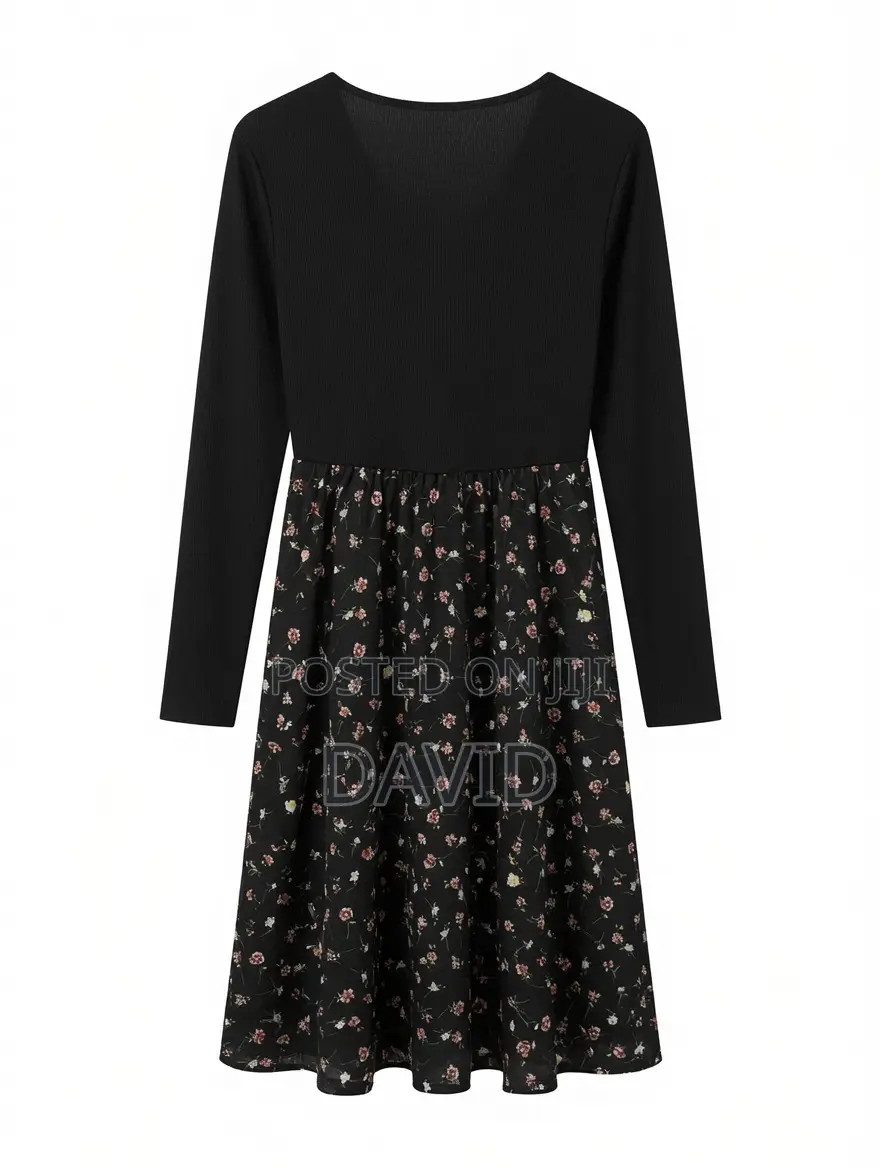 Black Long Sleeve Ribbed v-Neck Fit Flare Floral Midi Dress
