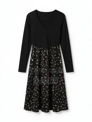 Black Long Sleeve Ribbed v-Neck Fit Flare Floral Midi Dress