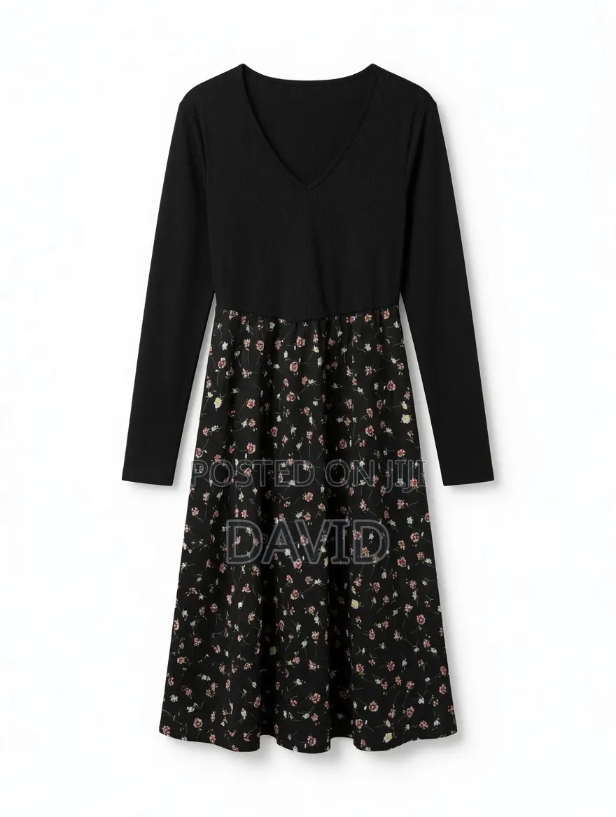 Black Long Sleeve Ribbed v-Neck Fit Flare Floral Midi Dress