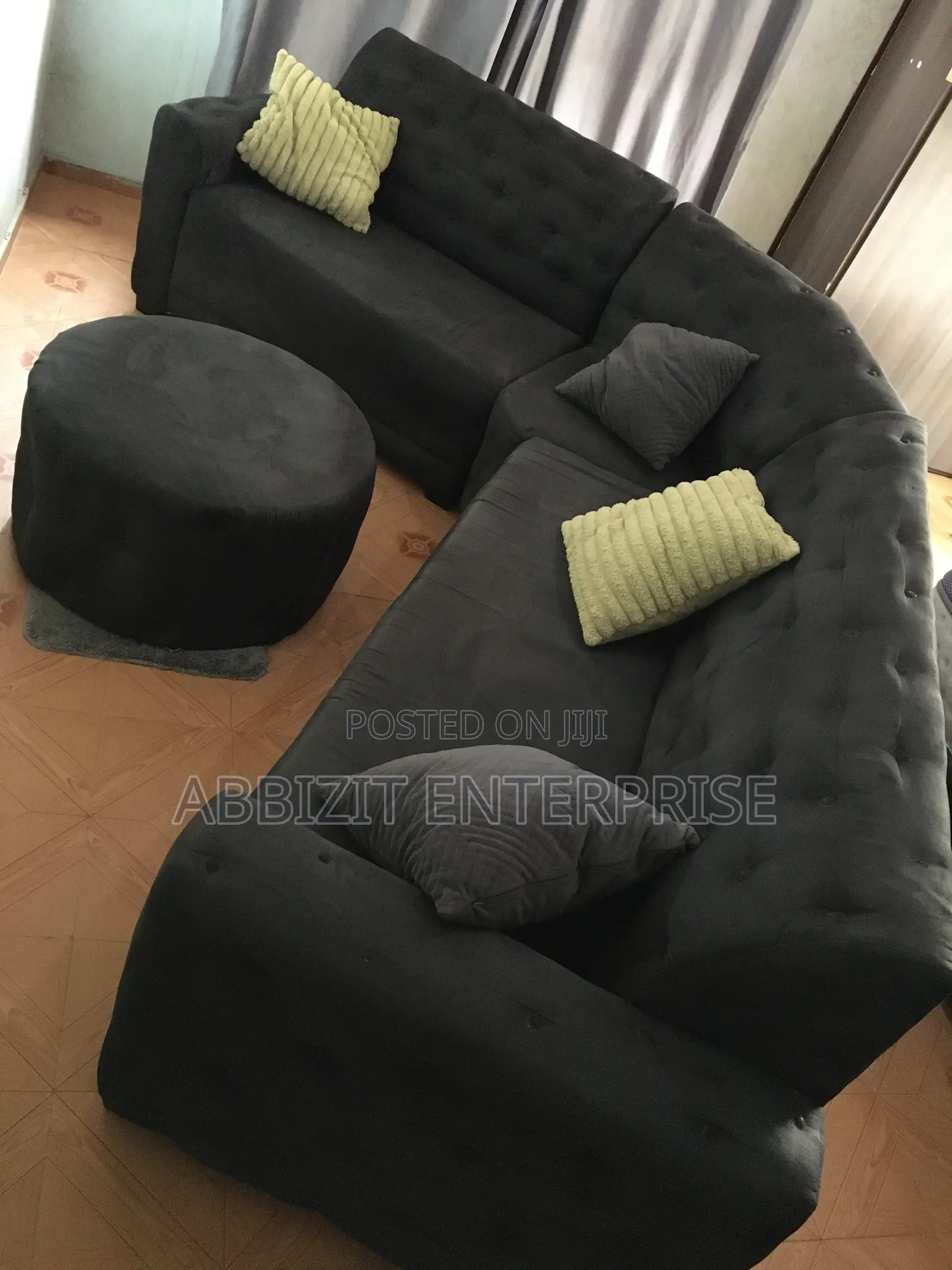 6 - Seater Black Fabric Sofa Couch With Throw Pillows and Center Table