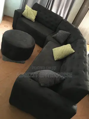 6 - Seater Black Fabric Sofa Couch With Throw Pillows and Center Table