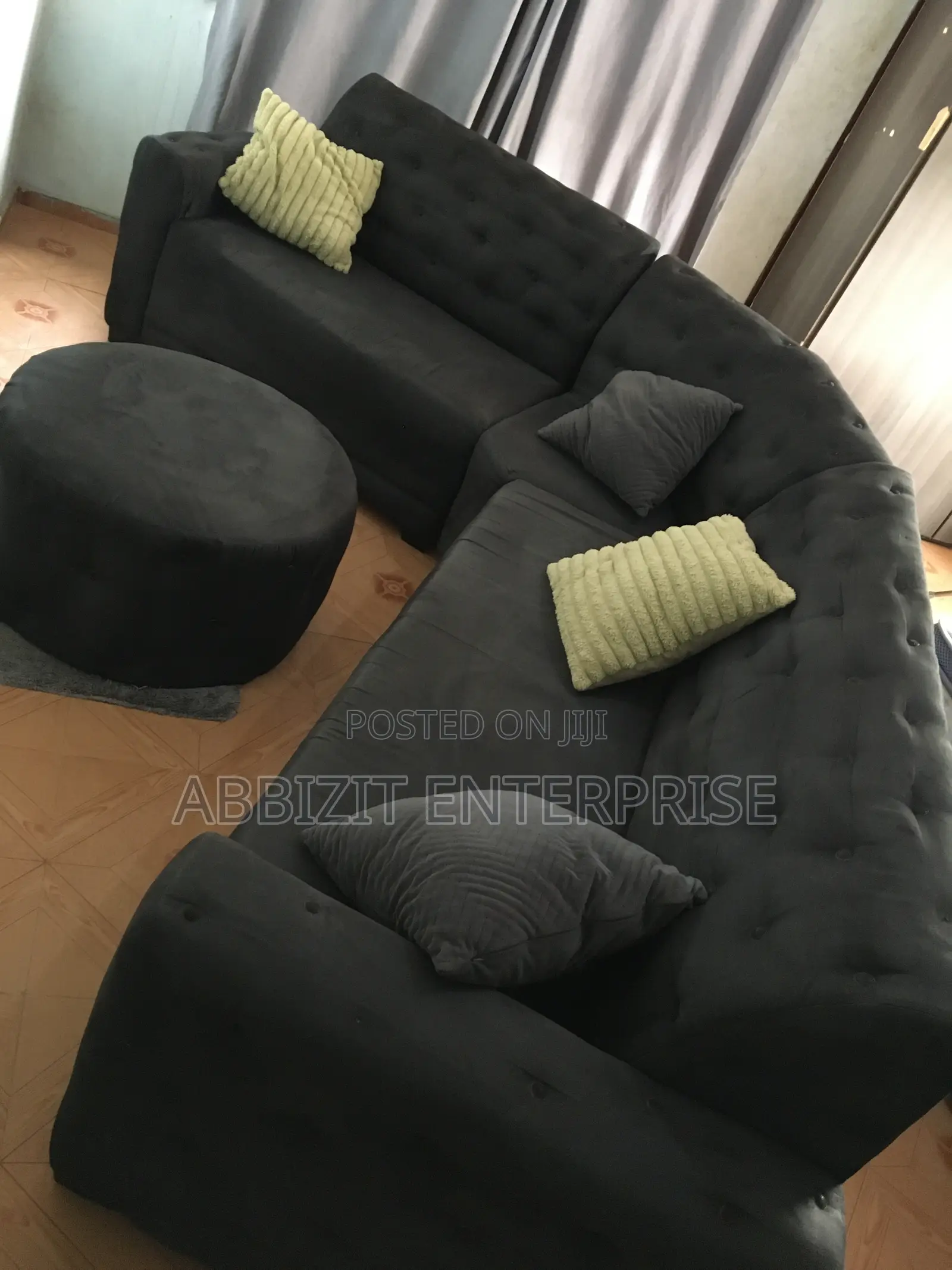 6 - Seater Black Fabric Sofa Couch With Throw Pillows and Center Table
