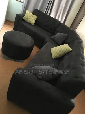 6 - Seater Black Fabric Sofa Couch With Throw Pillows and Center Table