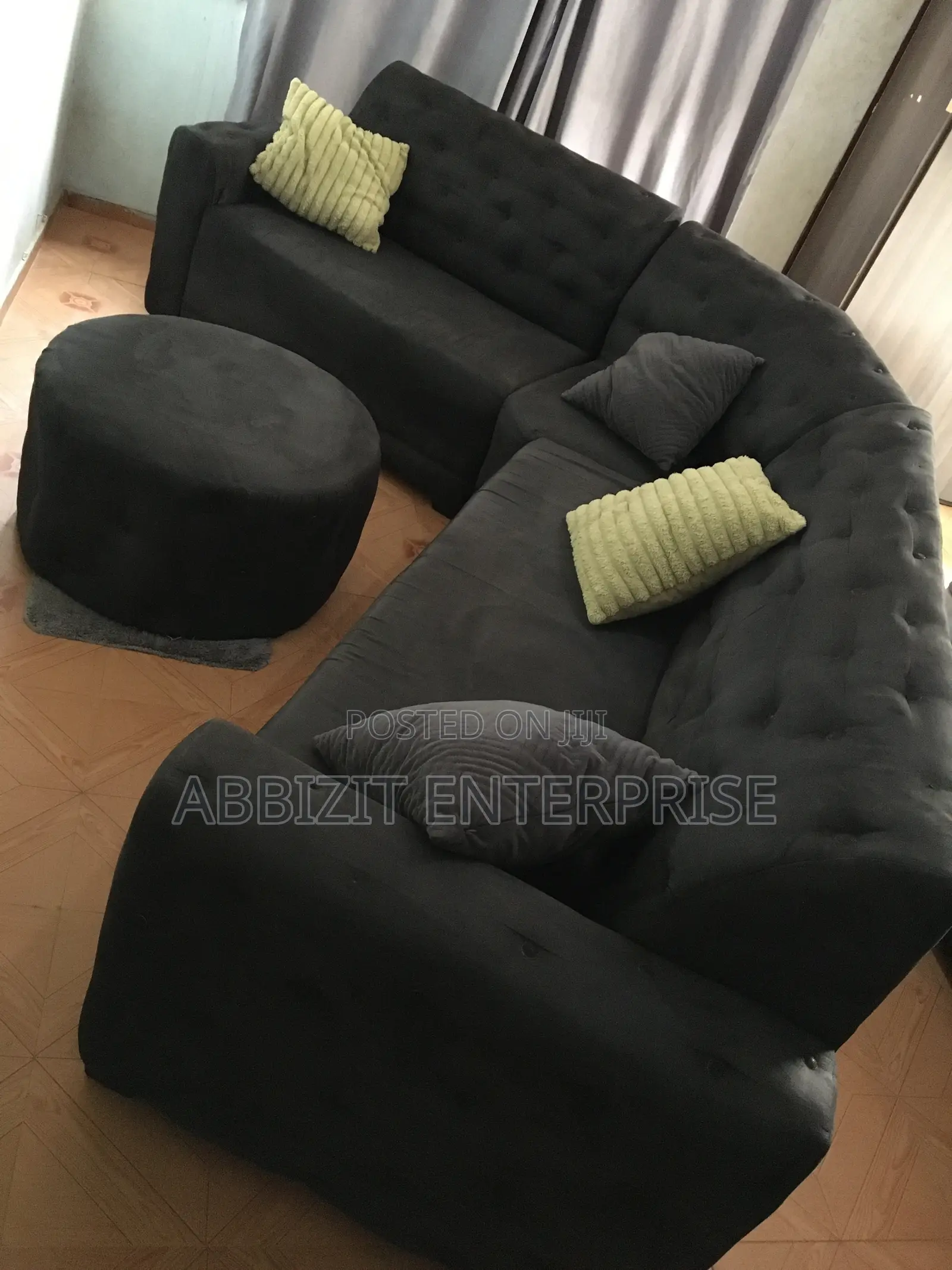 6 - Seater Black Fabric Sofa Couch With Throw Pillows and Center Table