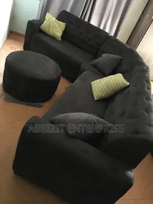 6 - Seater Black Fabric Sofa Couch With Throw Pillows and Center Table
