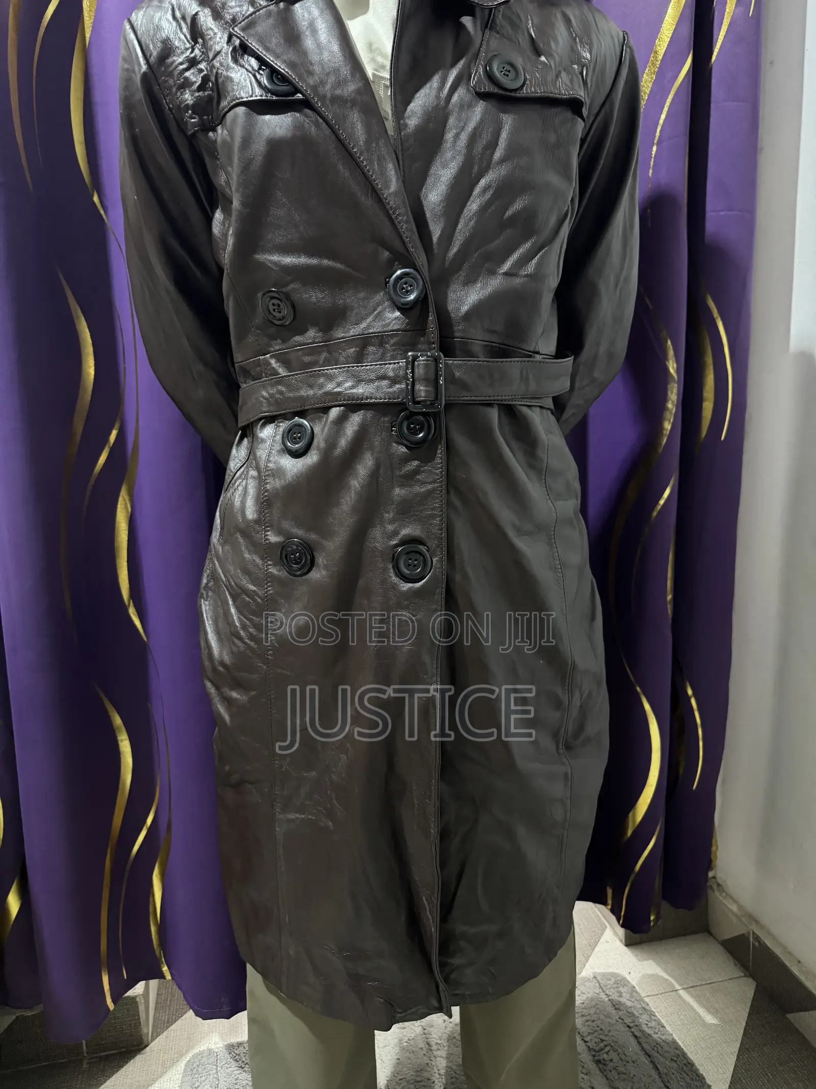 Double-Breasted Leather Trench Coat