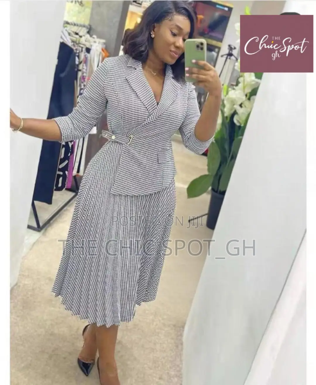 Elegant Black White A-line Midi Office Dress