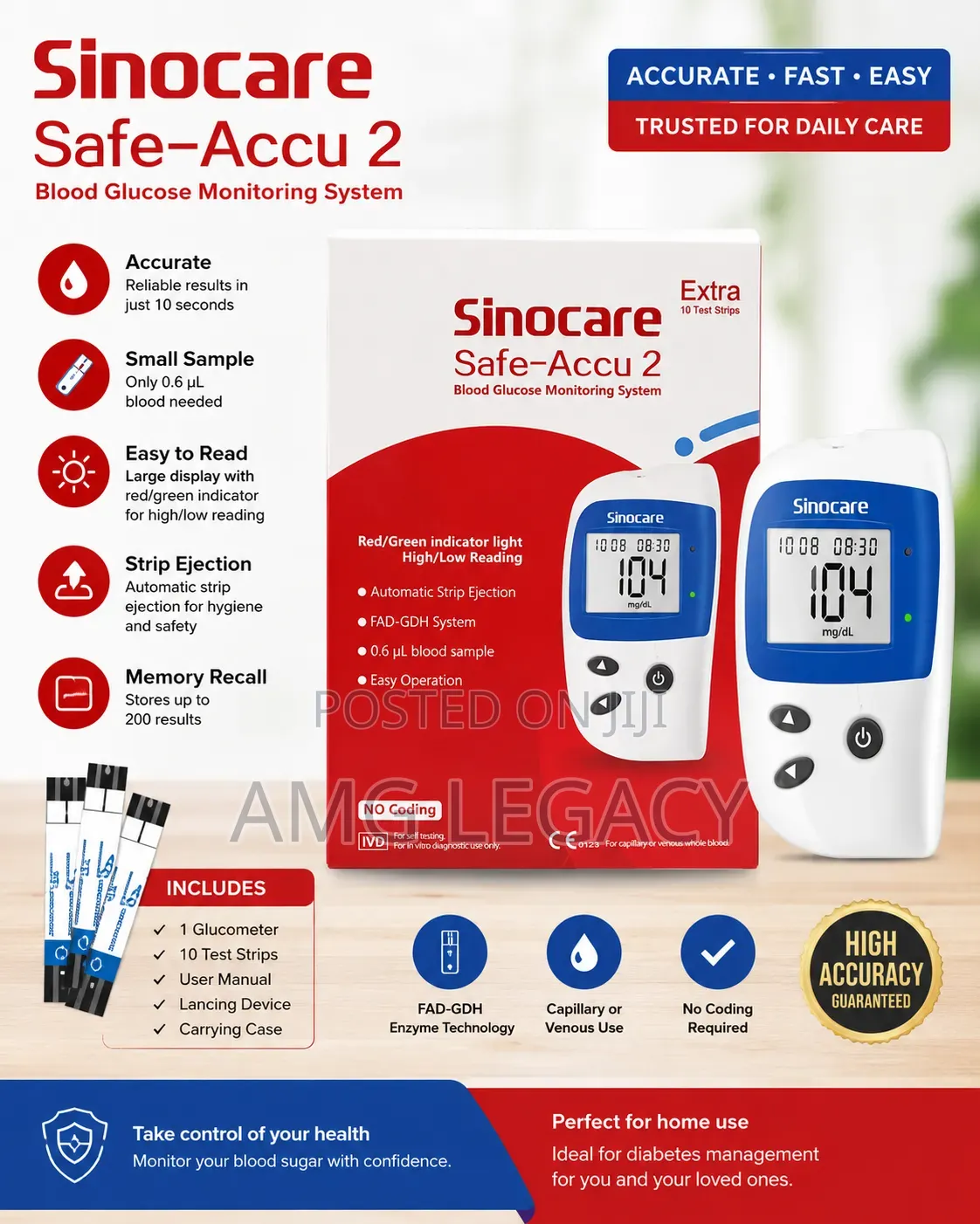 Sinocare Safe-Accu 2 Blood Glucose Monitoring System Kit