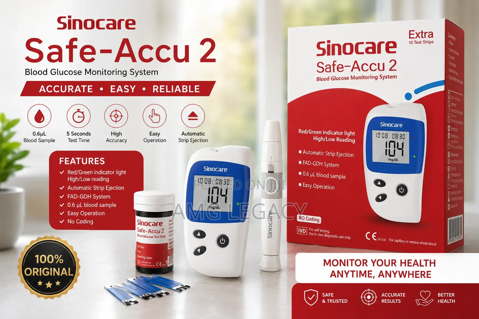 Sinocare Safe-Accu 2 Blood Glucose Monitoring System Kit