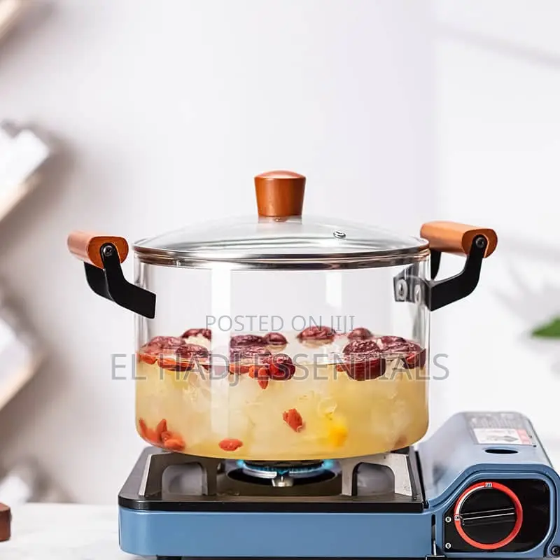 Transparent Glass Cooking Pot With Wooden Handle