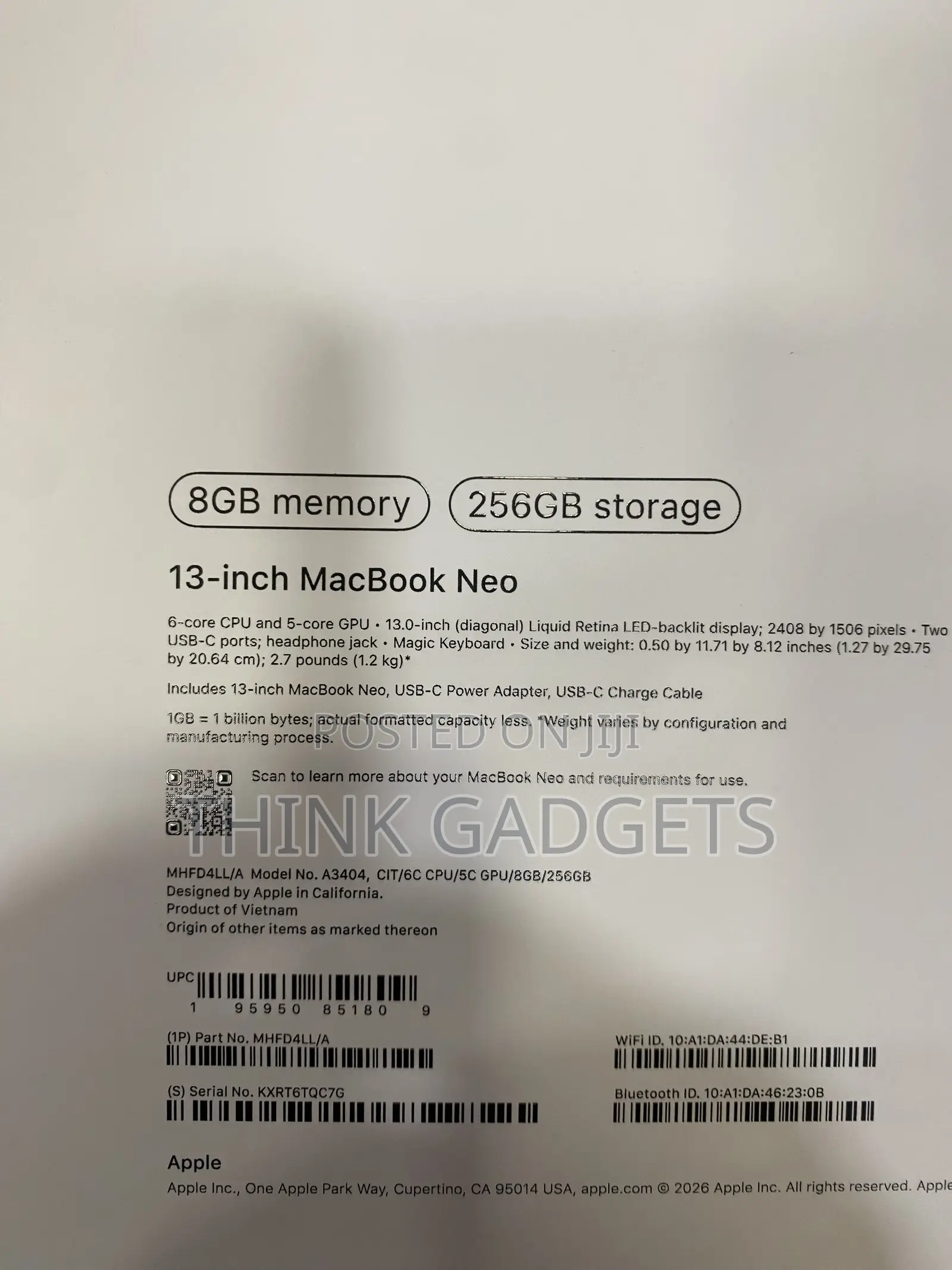 New Laptop Apple MacBook Neo 2026 8GB SSD 256GB