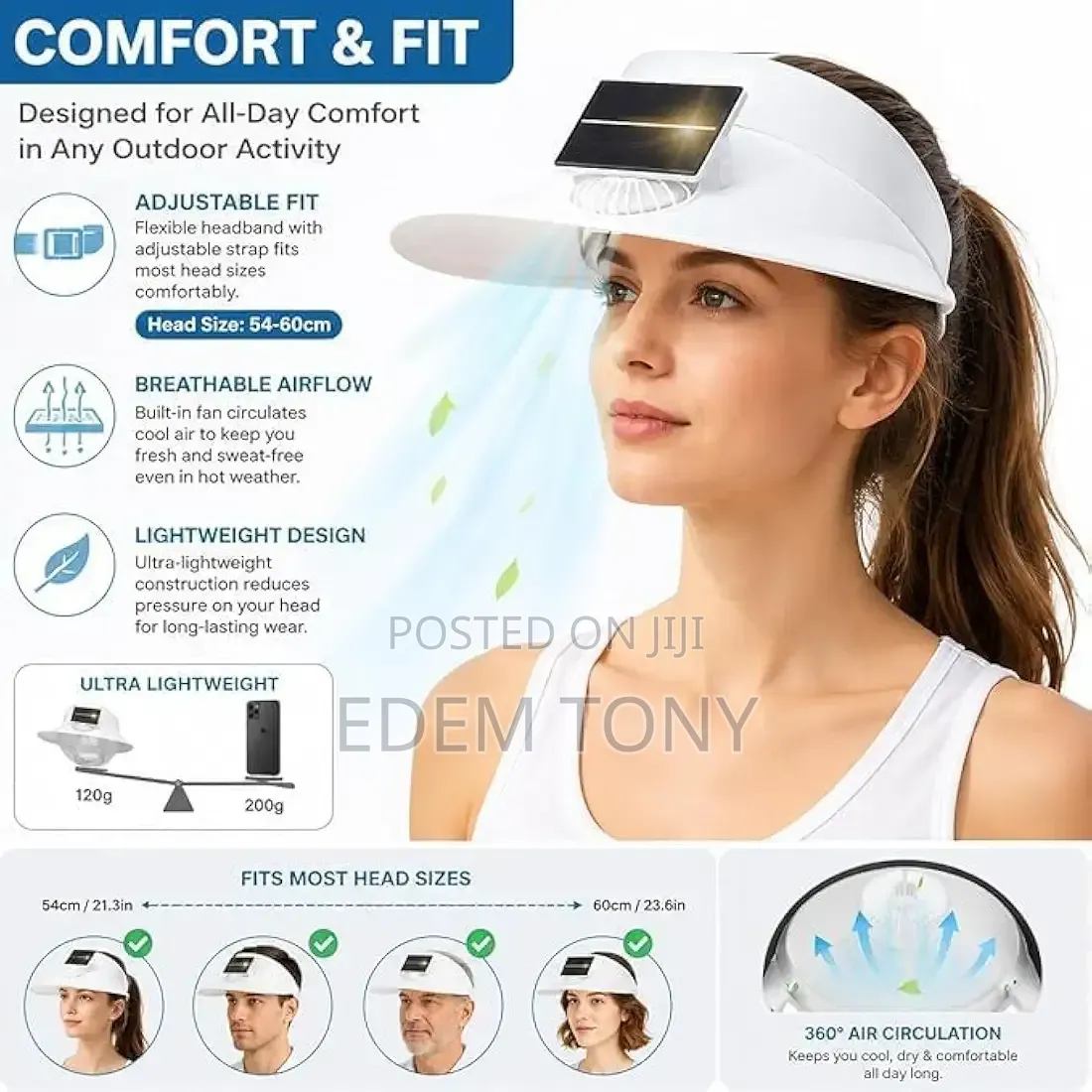 Drumstone Rechargeable/Solar Fan Sun Visor Hat for Women Men