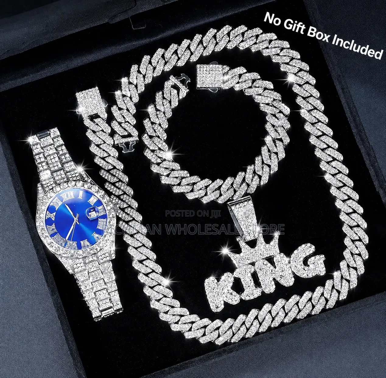 4PCS Luxury Quartz Watch KING Pendant Jewelry Set for Men